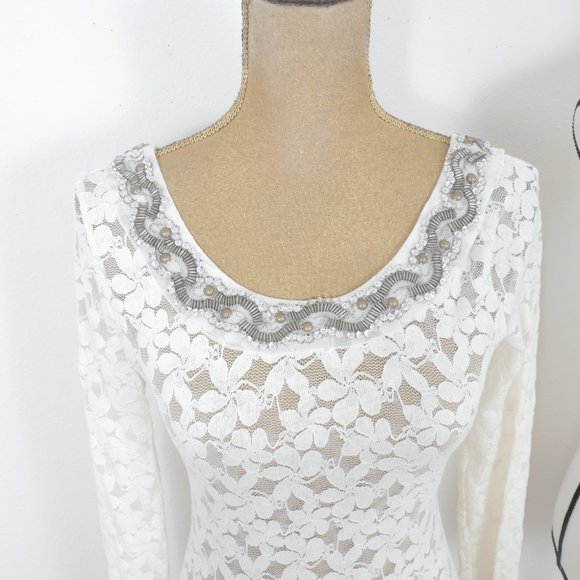 Free People White Lace Long Sleeve Bronze Beaded Silver Sequin SZ XS Top Blouse - Picture 3 of 7